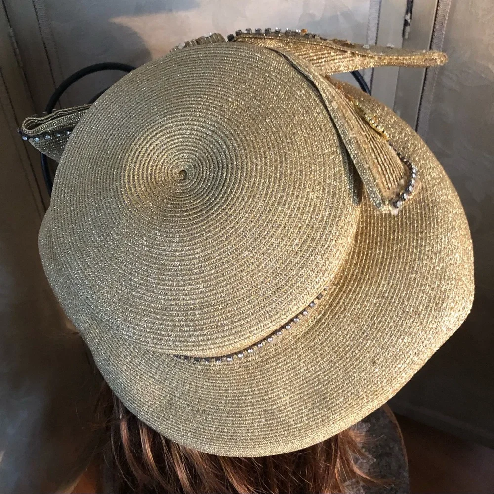 Vintage Wide Brim Embellished Gold Metallic Hat - Picture 6 of 11